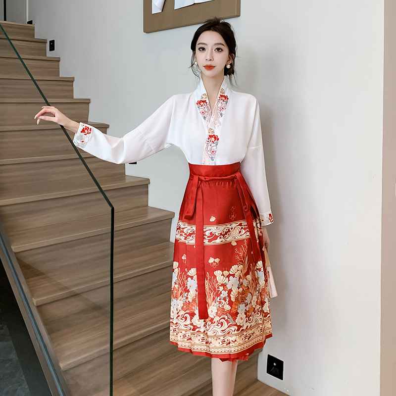 Cross-Border Supply 2024 New Small Short Horse-Face Skirt Hanfu Machine Embroidery Aircraft Sleeve Women's Two-Piece Suit