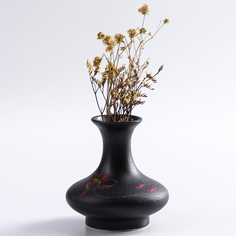 古黑陶瓷禅风黑花瓶 创意桌面手绘艺术摆件 怀古新中式禅意小花插