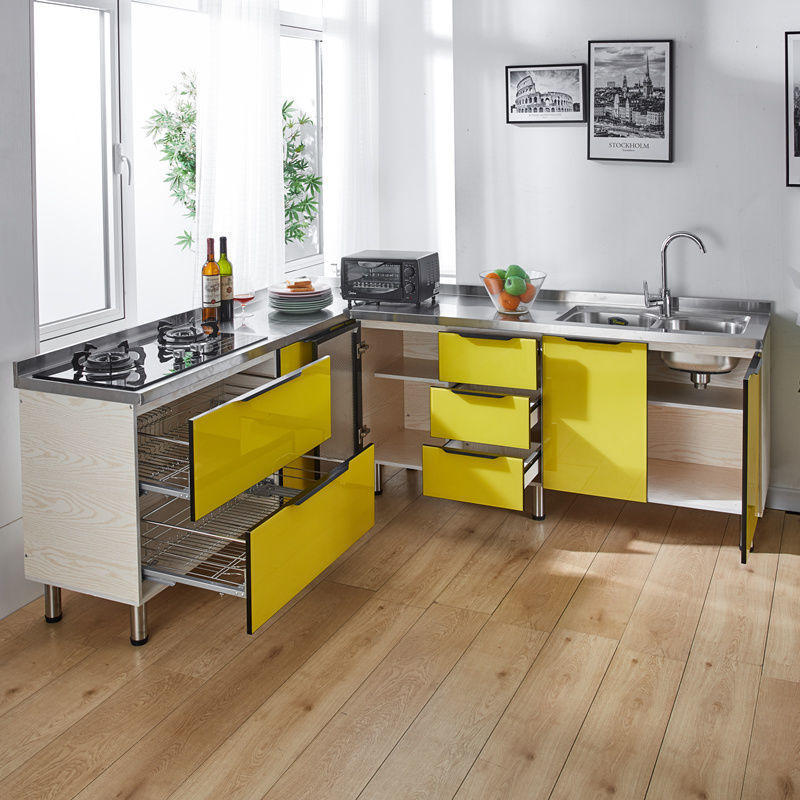 柜子厨房简易橱柜经济型家用不锈钢灶台柜橱柜一体租房用组装厨柜