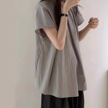 韩版休闲灰色短袖圆领小衫2024新款夏季上衣设计感小众女宽松衬衣
