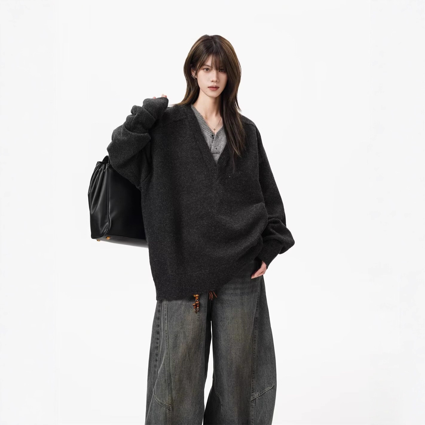 日美式毛衣男女V领早秋设计感小众假两件复古重磅针织衫外套新款