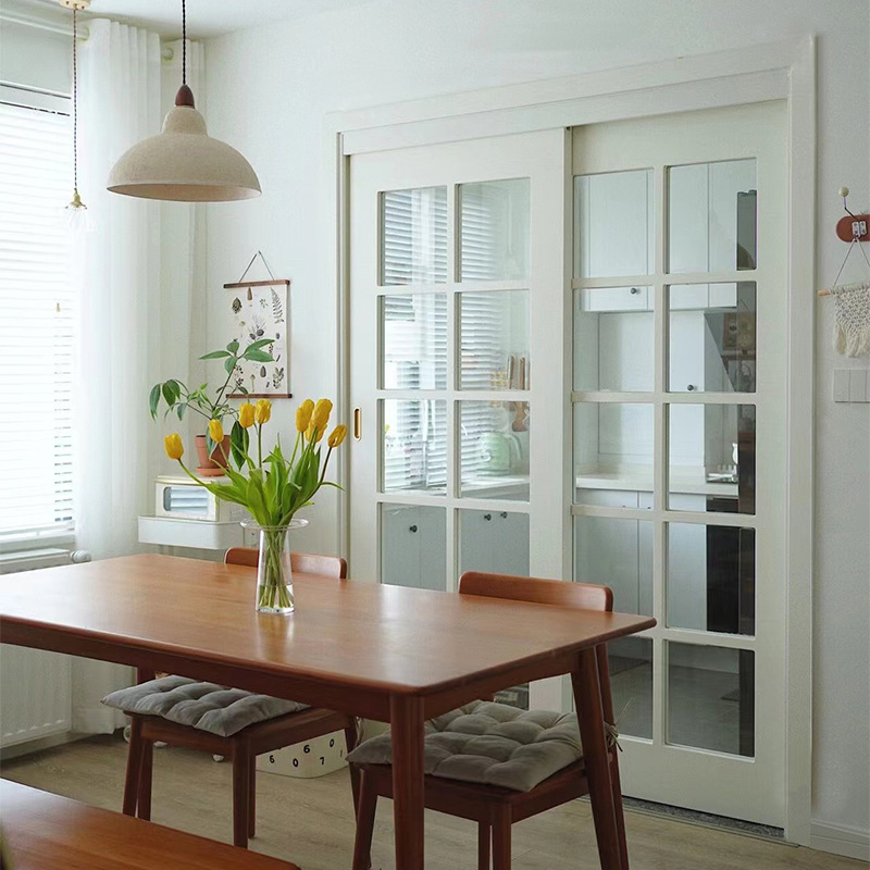 潮盛定制实木推拉门纯白色厨房移门格条阳台现代简约法式长虹玻璃