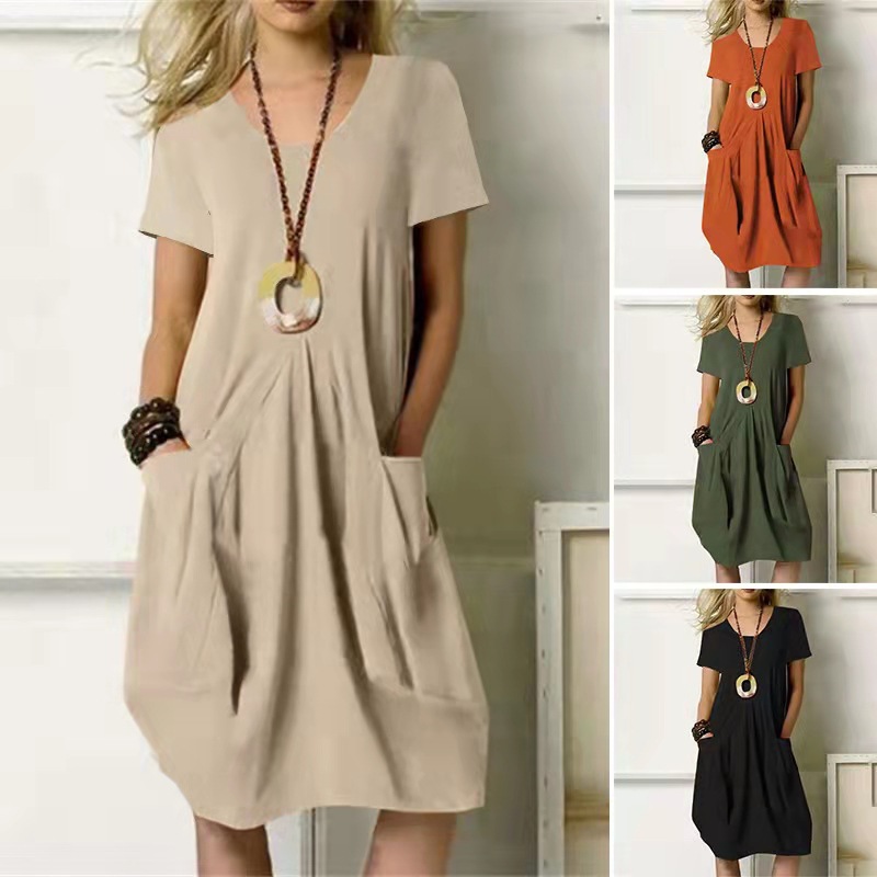 2023 Cross-Border Summer New Amazon Wish Hot Sale Cotton and Linen Solid Color Loose round Neck Short Sleeve Dress