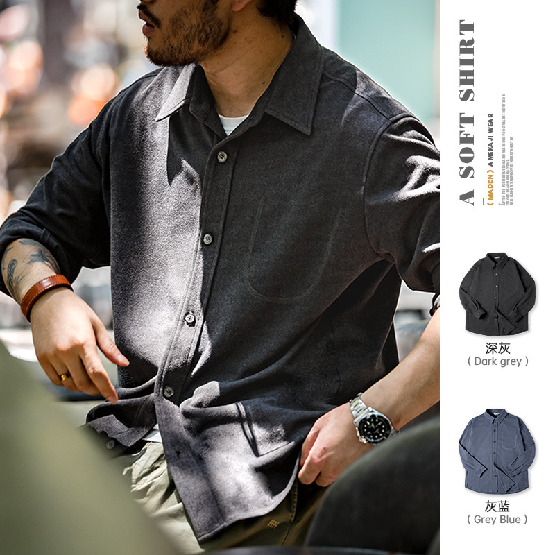 马登工装 美式休闲星空纹纯色翻领衬衫正肩叠穿长袖衬衣外套男秋