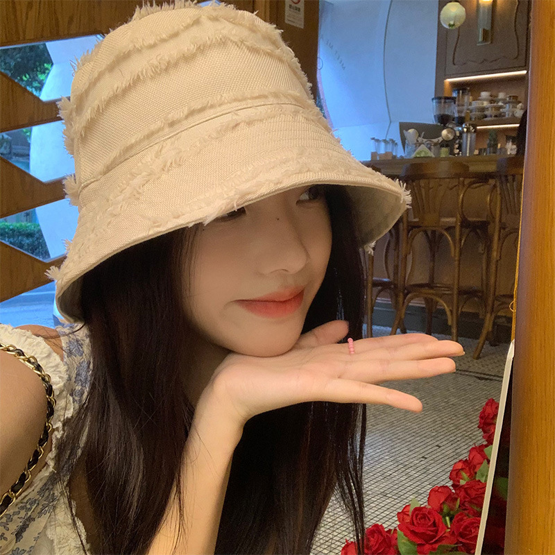 Japanese Style Solid Color Frayed Edge Reversible Fisherman Hat Female Online Influencer Ins All-Match Plain Face Bucket Hat Face-Looking Small Bucket Hat Fashion