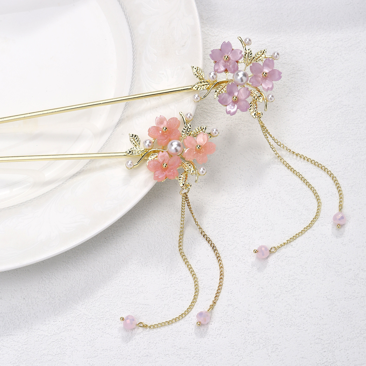 原创超仙古风樱花珍珠发簪花朵流苏步摇盘发簪子汉服旗袍百搭发饰