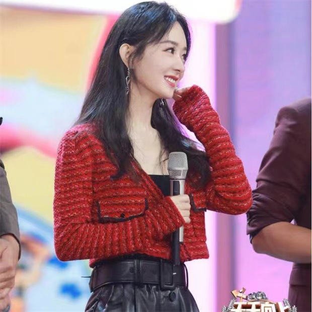 赵丽颖明星同款红色毛衣女秋法式小香名媛风小众短款针织开衫外套