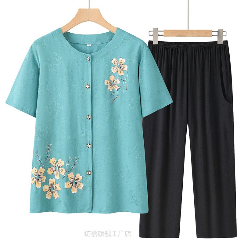 夏天妈妈薄款衣新款气质夏季奶奶夏装棉绸套装女中老年人短袖开衫