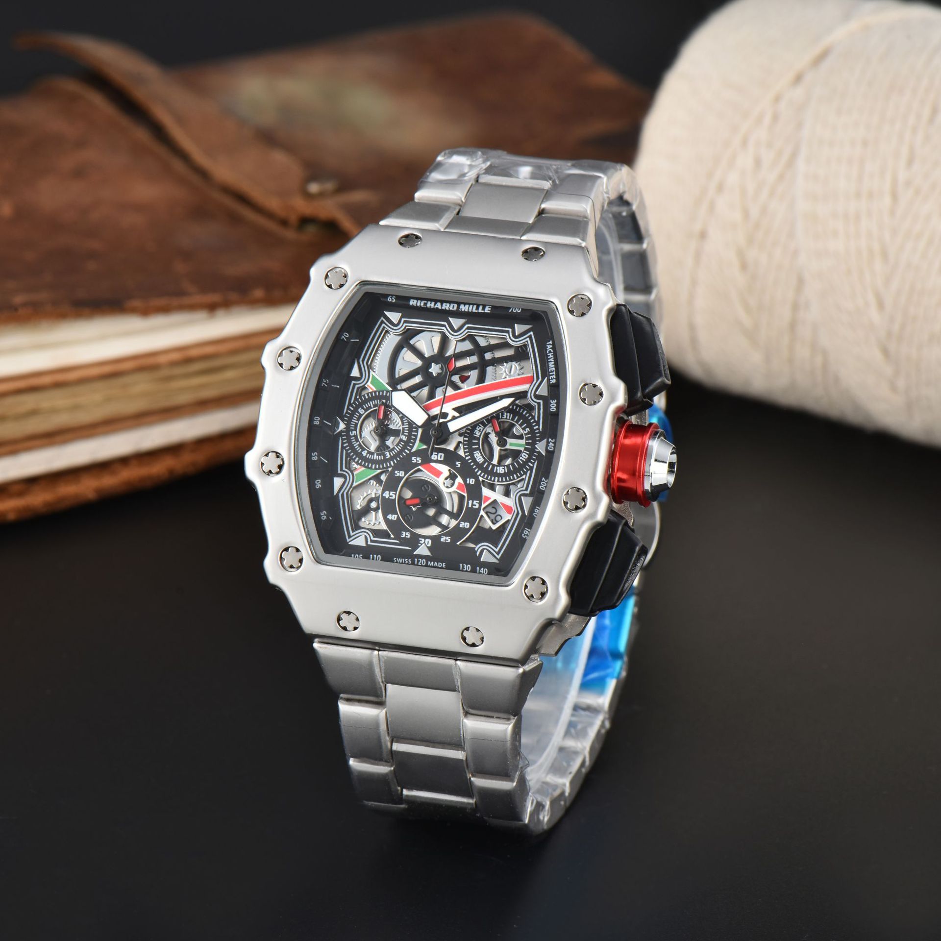 理查新款手表酒桶形钢带石英六针跑秒时尚商务套装现货男士腕表