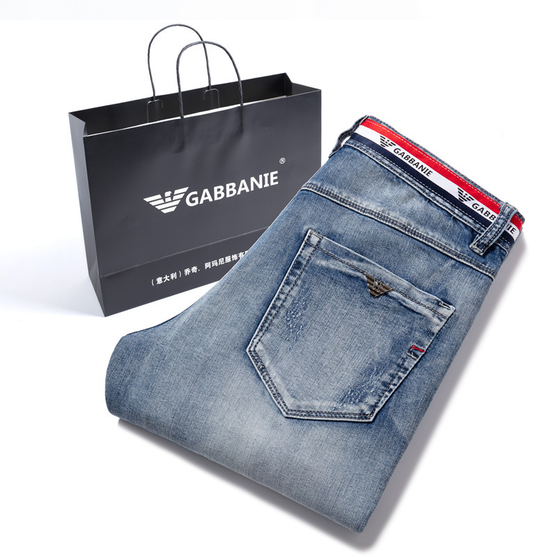 奇阿玛尼亚男牛仔裤夏季破洞韩版小脚修身弹力品牌男装长裤浅蓝色