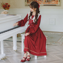 法式复古少女连衣裙长袖秋装裙小众气质洋装可盐可甜红裙