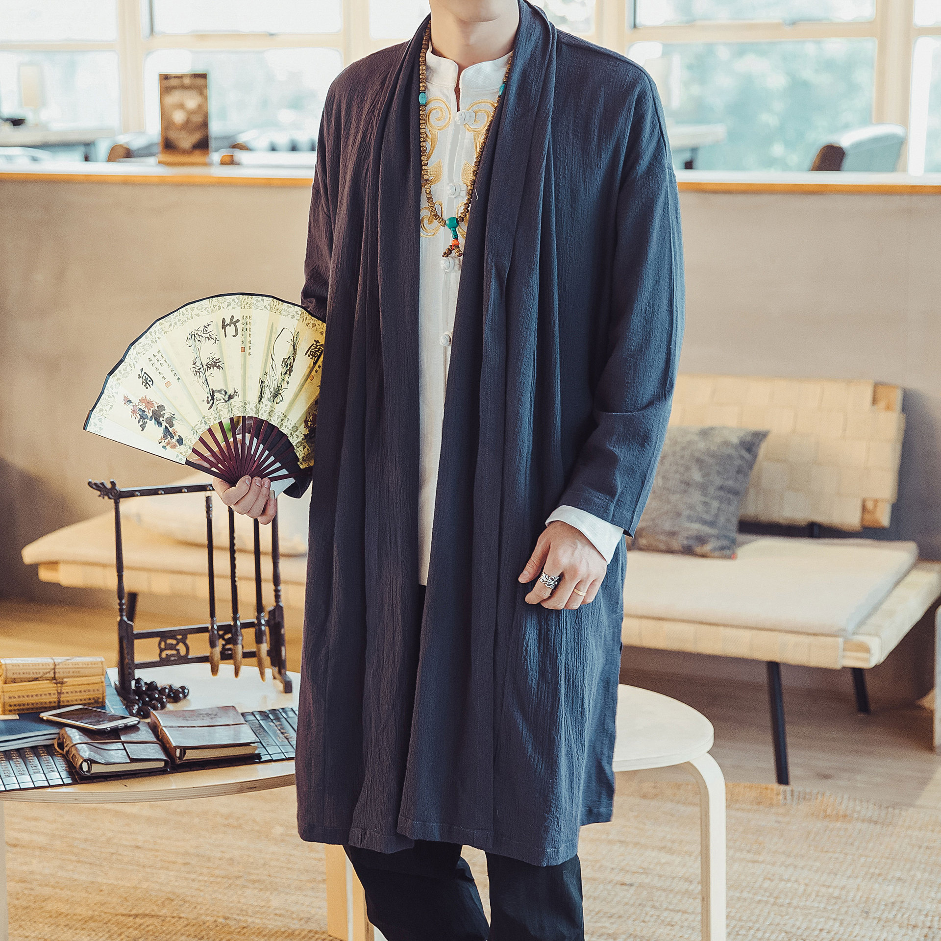 春夏新款中国风男装棉麻纯色休闲无扣风衣外套大码古装汉服披风潮