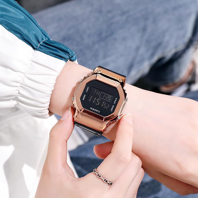 2023 New Electroplated Small Square Electronic Watch Multi-Functional Luminous Alarm Clock Waterproof Watch Square for Male and Female Students
