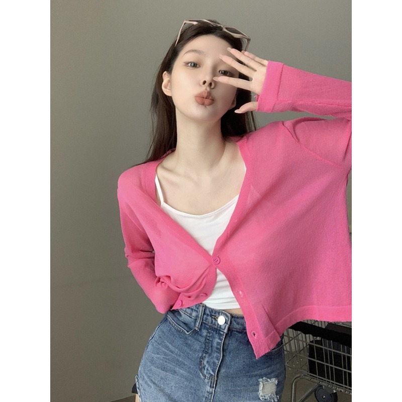 玫红色v领短款冰丝针织开衫女夏吊带外搭罩衫外套玫粉色上衣-阿里巴巴