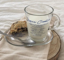 法式复古蓝色字母玻璃杯咖啡杯冷饮杯子碟套装早餐牛奶杯法文杯