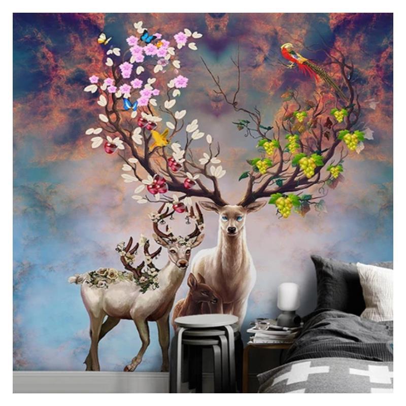 北欧风格简约墙布个性3d立体手绘麋鹿艺术壁纸客厅电视背景墙壁画