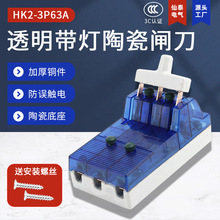 仙泰3P63A透明蓝色陶瓷闸刀 销售C63家用HK2带指示灯闸刀开关