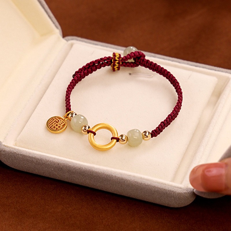 沙金甜甜圈和田玉福牌手绳小众设计手工编织本命年男女情侣款手链