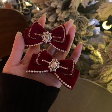 在逃公主双面红丝绒大蝴蝶结顶夹发夹女圣诞节新年头饰高级感发饰