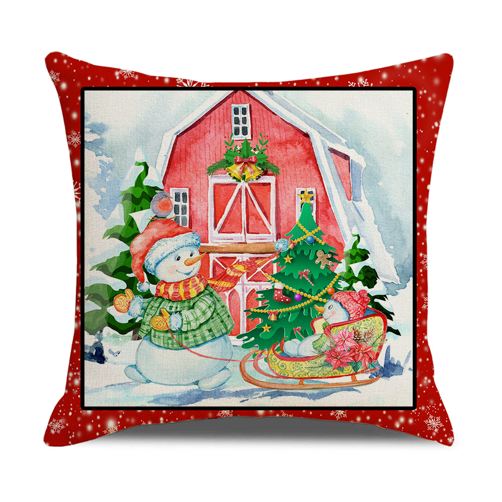 2024 Cross-Border Amazon Red Watercolor Christmas Pillow Linen Printing Holiday Cartoon Pillow Household Supplies