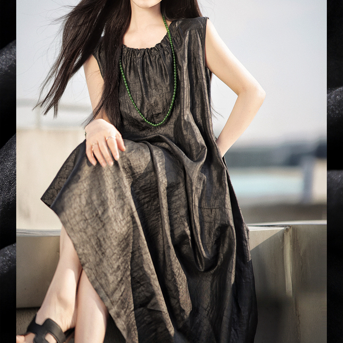 非遗香云纱|2024夏新款丝柔龟裂纹前后两穿连衣裙宽松a字裙-阿里鞍屯