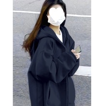 藏青色春秋卫衣外套女款慵懒风2024早春新款连帽拉链开衫春季休闲