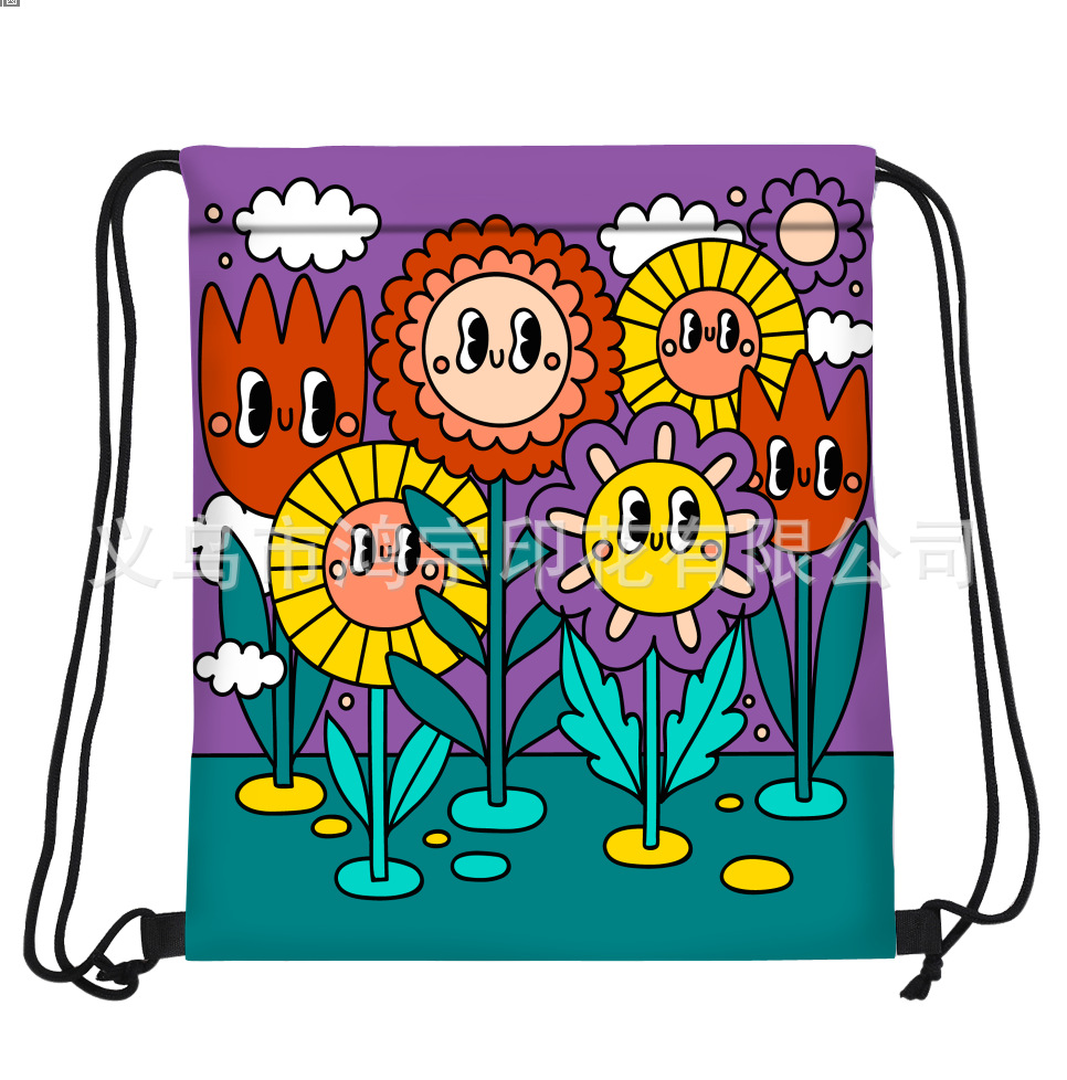 New Waterproof Drawstring Backpack Colorful Cartoon Plant Flower Oxford Cloth Foldable Opening Restricted Storage Backpack