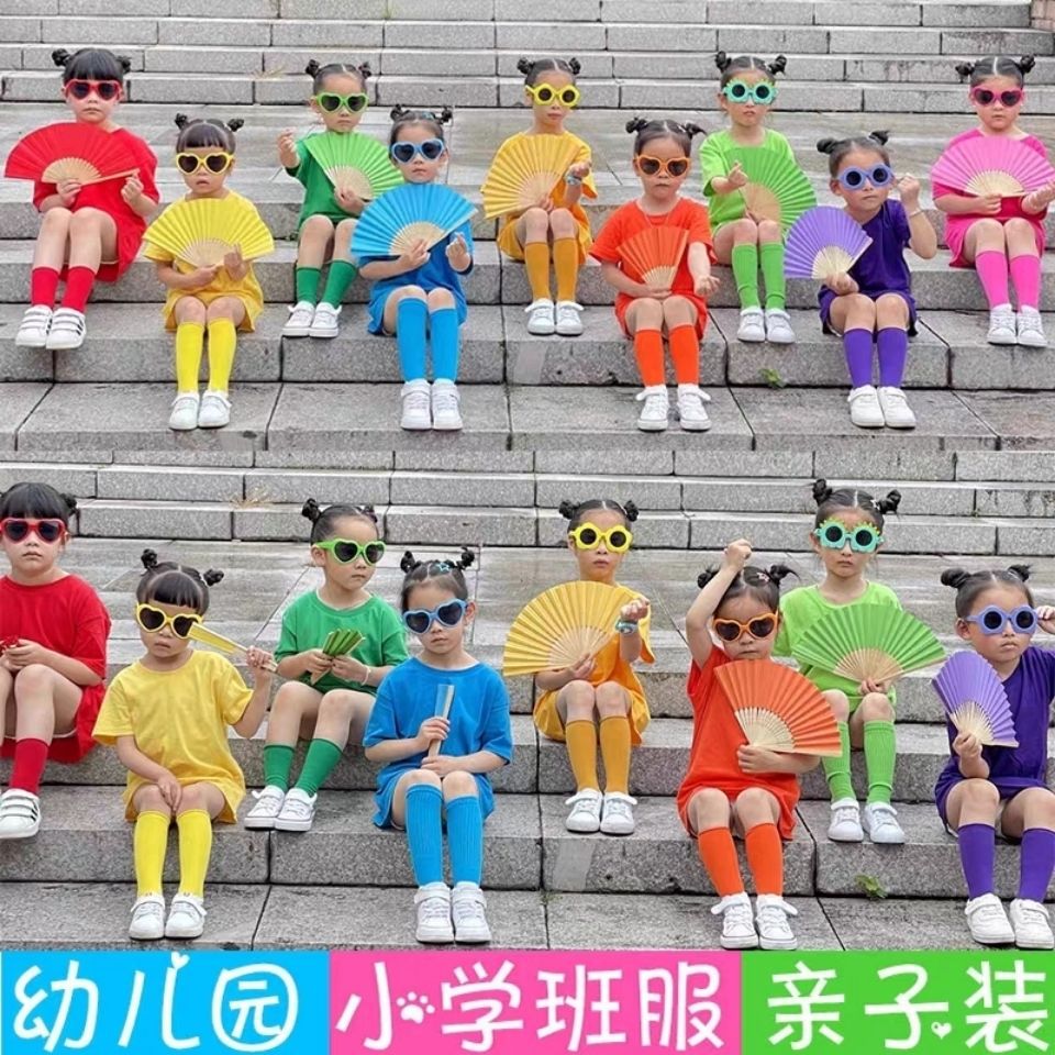 纯棉儿童彩色短袖t恤糖果色亲子装幼儿园毕业照小学生运动会班服