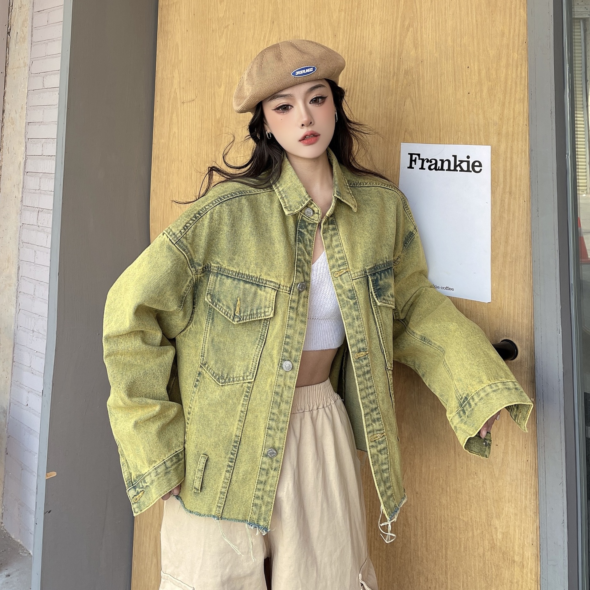 壹捌潮品 韩版牛仔开衫女春季小众毛边长袖夹克上衣港风做旧外套