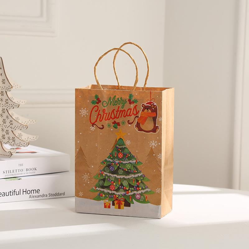 Christmas Kraft Paper Bag Tote Bag Natural Color Paper Bag Christmas Eve Gift Packing Bag Gift Bag Factory Direct Sales