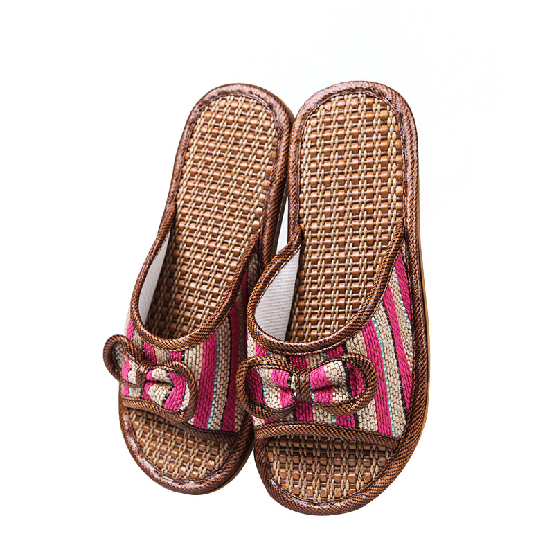 夏季竹编藤草情侣凉席拖鞋室内防滑底亚麻男家用女无声吹气底