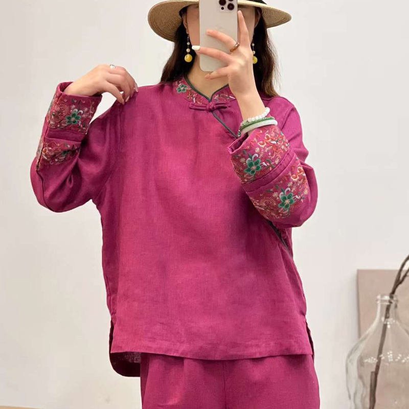 2024春款纯色亚麻包边女上衣国风刺绣宽松女式盘扣屋内长袖t恤