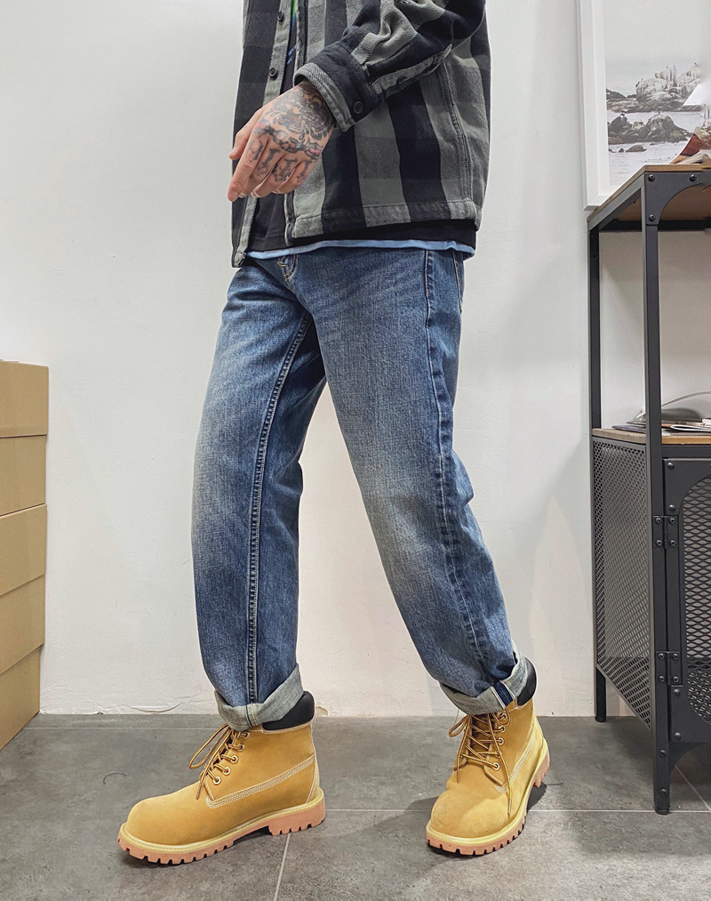 美式复古男士养牛赤耳丹宁小直筒原色原牛做旧牛仔裤