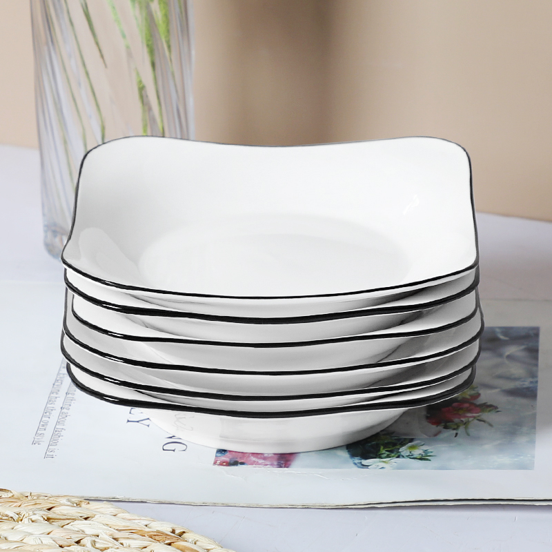 北欧简约黑边线盘子6只装 家用陶瓷深汤盘水果盘创意方形菜碟套装