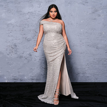跨境外贸欧美胖mm大码女装长款斜领宴会轻奢亮片开叉晚礼服连衣裙