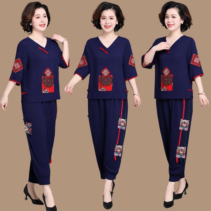 中老年人女奶奶棉麻短袖t恤50岁60妈妈夏装洋气老人太太衣服套装