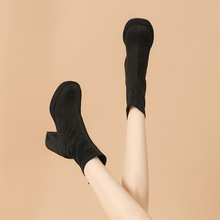 Y6029冬新款绒面短靴粗跟厚底马丁靴黑色法式少女通勤低筒靴单里