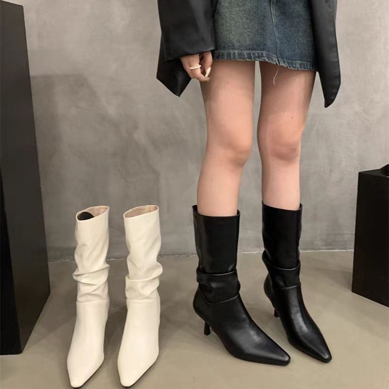 细跟白色堆堆中筒骑士靴女鞋2024新款秋冬季时装靴尖头气质高跟靴