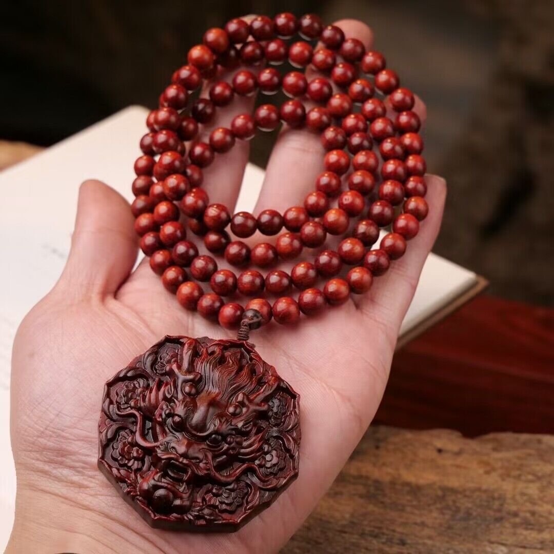赞比亚紫檀血檀带龙吊坠 类似小叶紫檀佛珠男女款手链脖链108颗