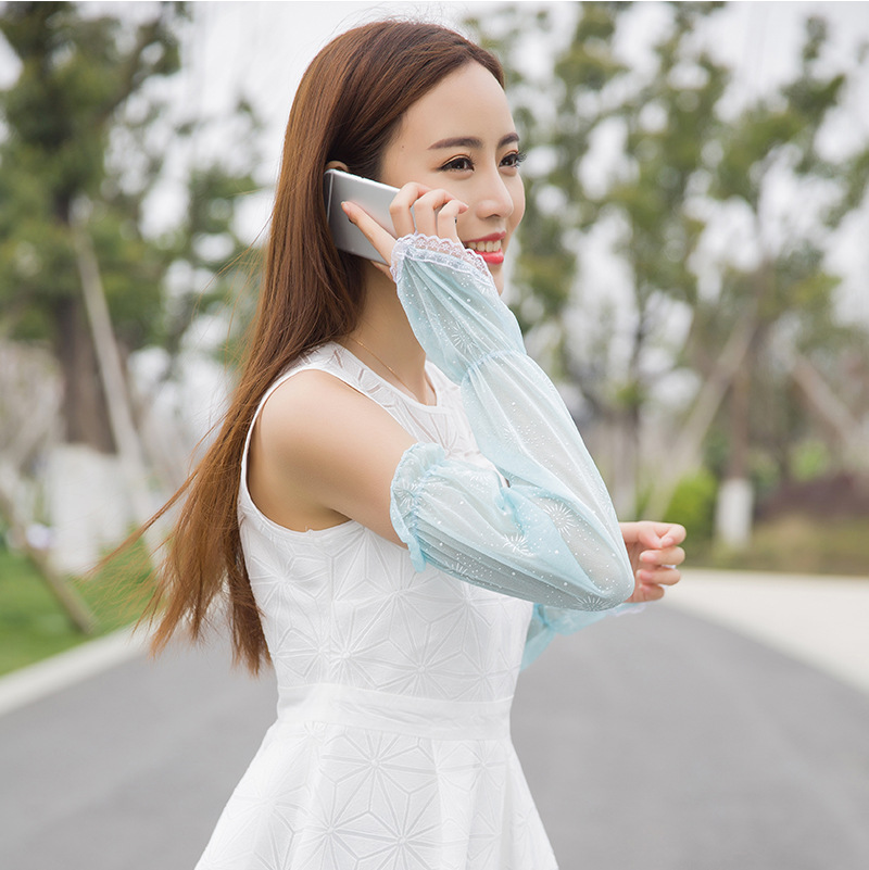 户外蕾丝袖套女士长款美人纱手臂套袖薄款防晒紫外线透气雪纺手套