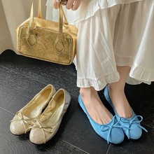 韩版蓝色单鞋女2024新款蝴蝶结小蓝鞋圆头一脚蹬浅口平底芭蕾舞鞋