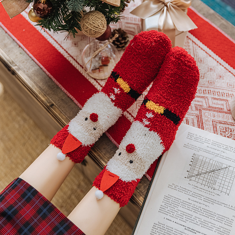 Socks3 Pairs of Christmas Gift Box Socks Autumn and Winter Thermal Coral Fleece Santa Claus Elk Parent-Child Home Room Socks Gift