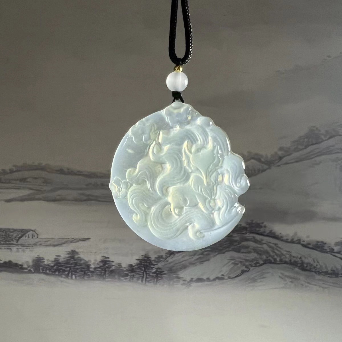 天然岫岩玉九尾狐吊坠新中式项链水墨风冰透狐狸情侣礼物厂家直销