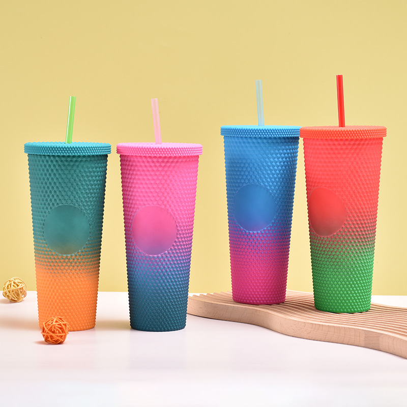 New Good-looking Gradient Plastic Cup Creative Large Capacity Cup with Straw Portable Double Layer Tie Hand Durian Cup Wholesale