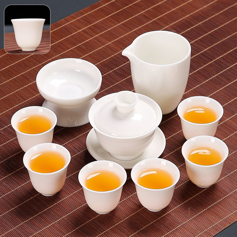 White Jade Kung Fu Tea Set Home Living Room Office Light Luxury Tea High-End Gift Box Cover Teacup Set