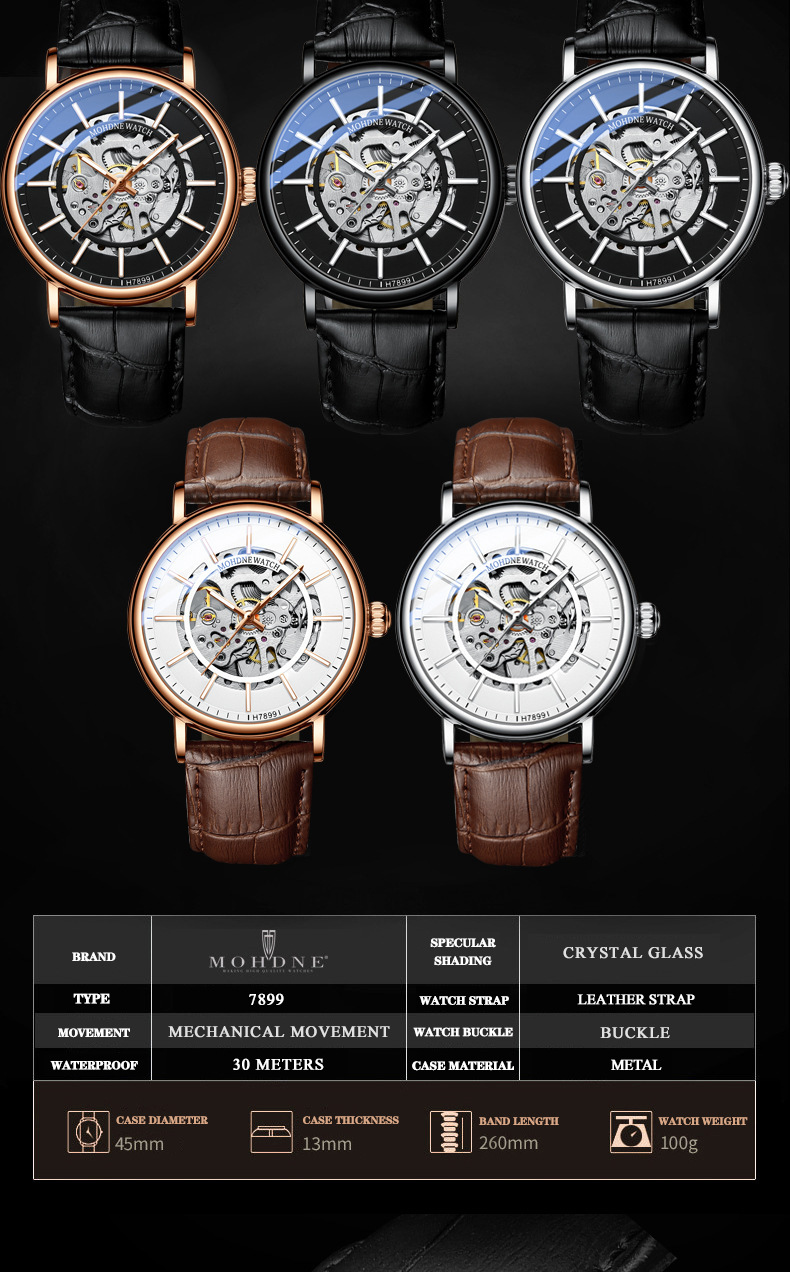mohdne全自动机械手表男商务钢带防水镂空休闲男黑色学生外贸腕表
