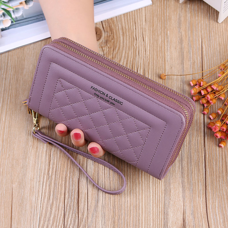 Solid Color Women Bag Embroidery Thread Wallet Female Long Clutch Korean Style Mobile Phone Bag Double Zipper Rhombus Large Capacity Card Holder