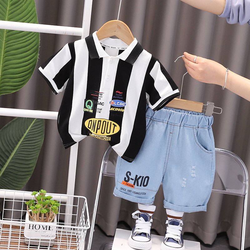 2024 Summer New Boys' Vertical Stripe round Neck Short Sleeve Suit Boys' Casual Polo Denim Shorts Two-Piece Set