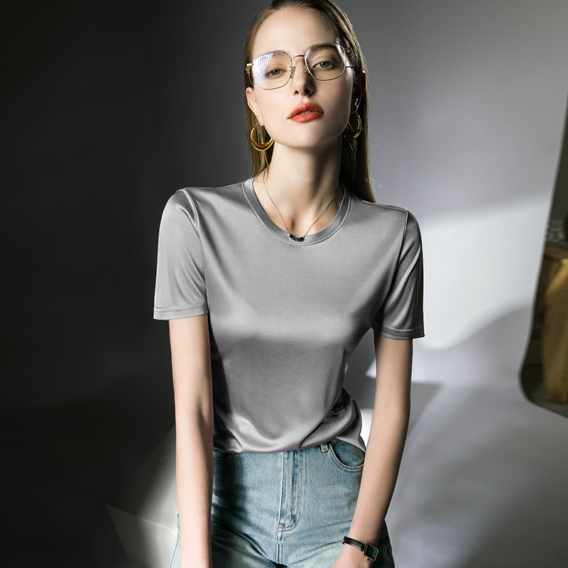 2023 Spring and Summer New Glossy Basic Style T-shirt Women's Mercerized Cotton White T