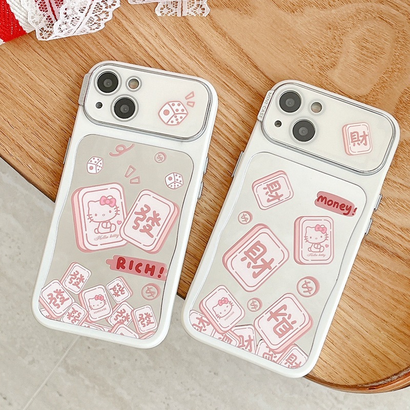 镜面发财麻将猫咪iphone15手机壳适用苹果1413promax自带镜头膜12